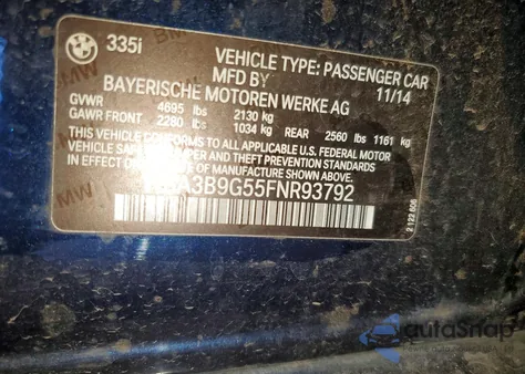 2015 BMW 335 Xi z USA, uszkodzony, nr VIN WBA3B9G55FNR93792